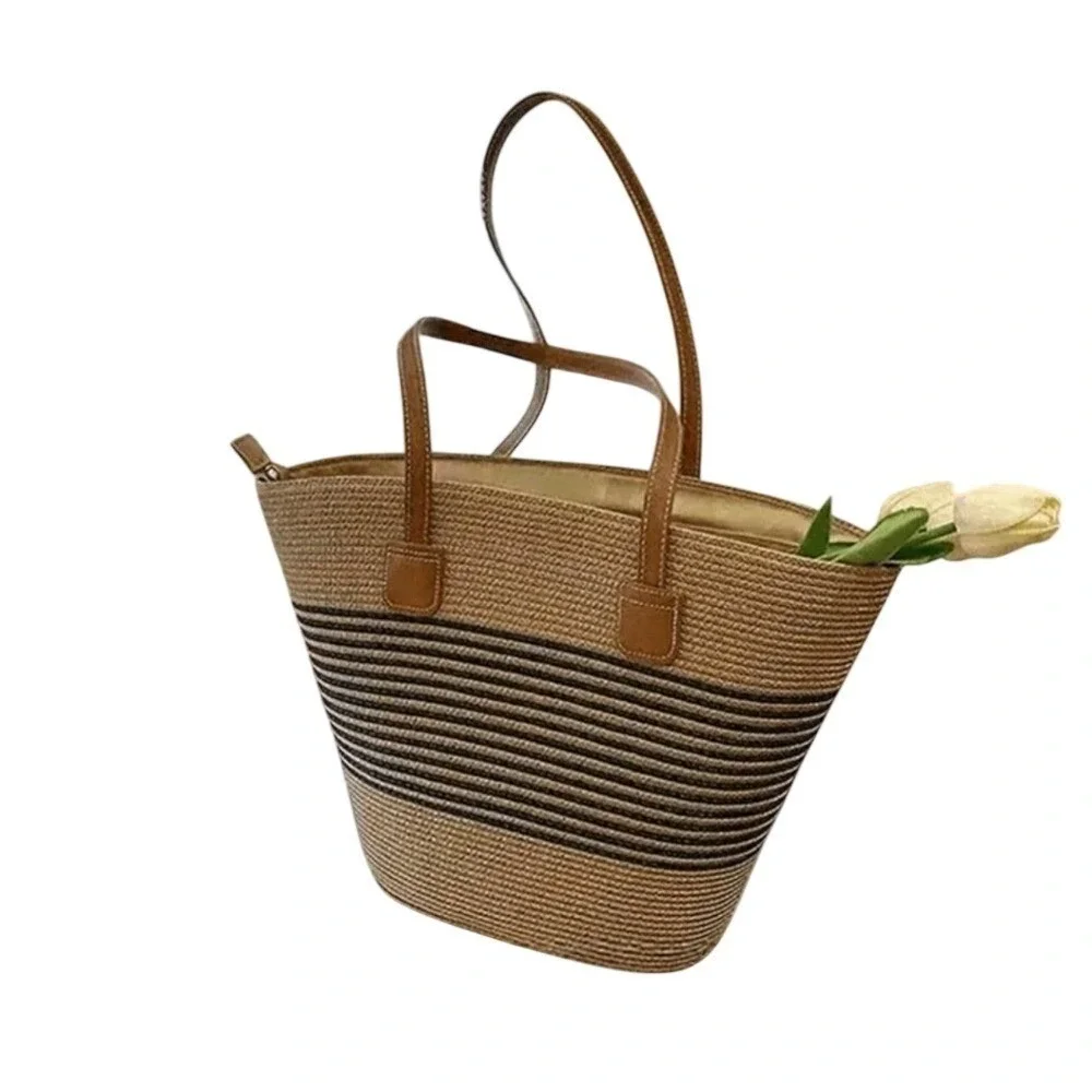 Straw Tote Bag and Wide Brim Sun Hat Set Striped‎ Beach Vacation